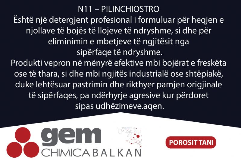 Detergjent per heqjen e bojes dhe ngjitesit N11 – PILINCHIOSTRO nga Gem Chimica Balkan, pastrues per njolla boje, detergjent per heqje boje nga siperfaqe, pastrues per ngjites, produkt per pastrim bojerash industriale, detergjent per boje