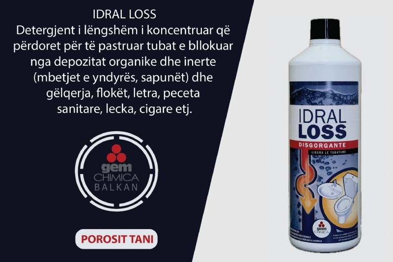 Detergjent per zhbllokim tubacionesh Idral Loss nga Gem Chimica Balkan, pastrues per tuba te bllokuar, detergjent per depozita organike, pastrues per yndyre dhe sapuni, produkt per heqje gelqereje nga tubat, detergjent per floke dhe mbetje sanitare
